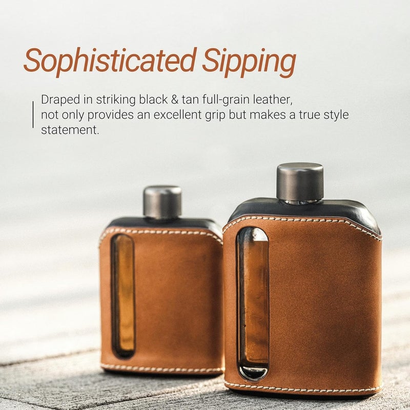 Ragproper Modern Glass Hip Flask - Durable Leather Covered Flask for Whiskey, Spirits, & Other Liquor - Ideal Glass Flask for Men & Women (Double Shot 240ml, Leather, Black & Tan) - Image 2
